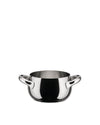 Silver stainless steel saucepan by Alessi with a polished finish and two short loop handles.