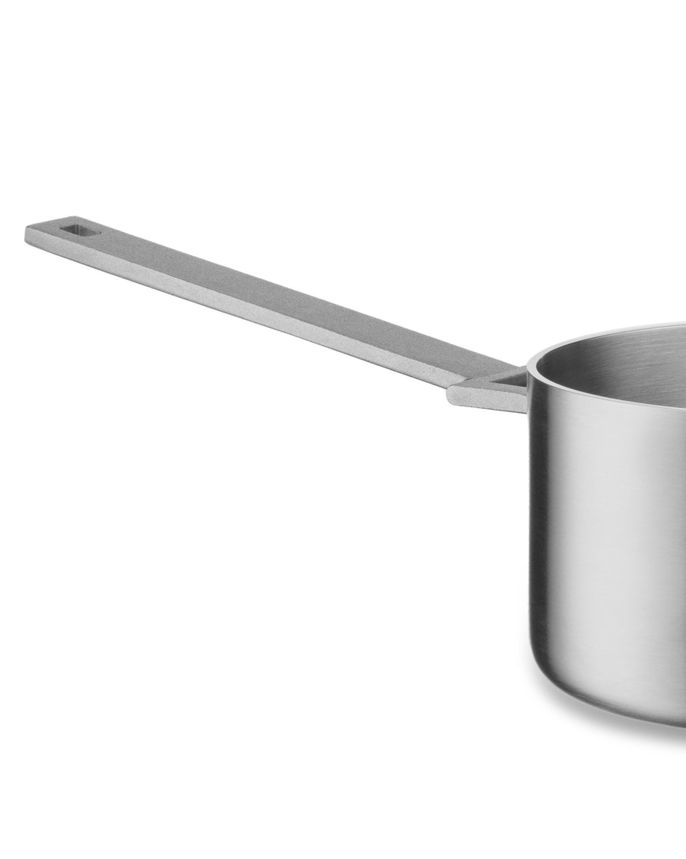 Silver stainless steel saucepan by Alessi, with a long, flat handle and a square cut-out, cropped view.