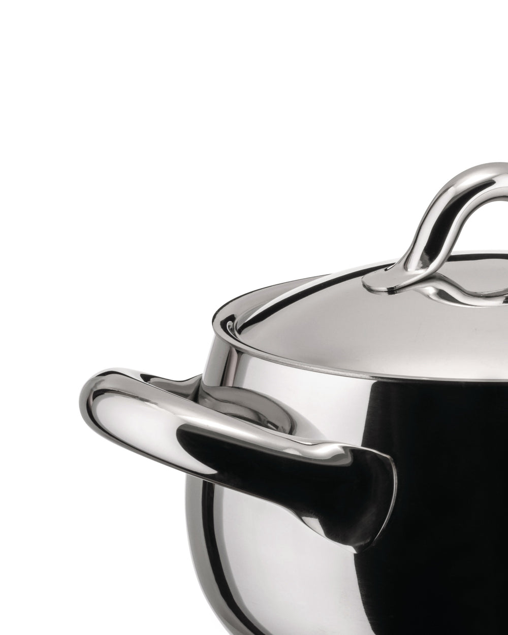 Shiny stainless steel pot by Alessi with integrated handles, shown in a cropped close-up.