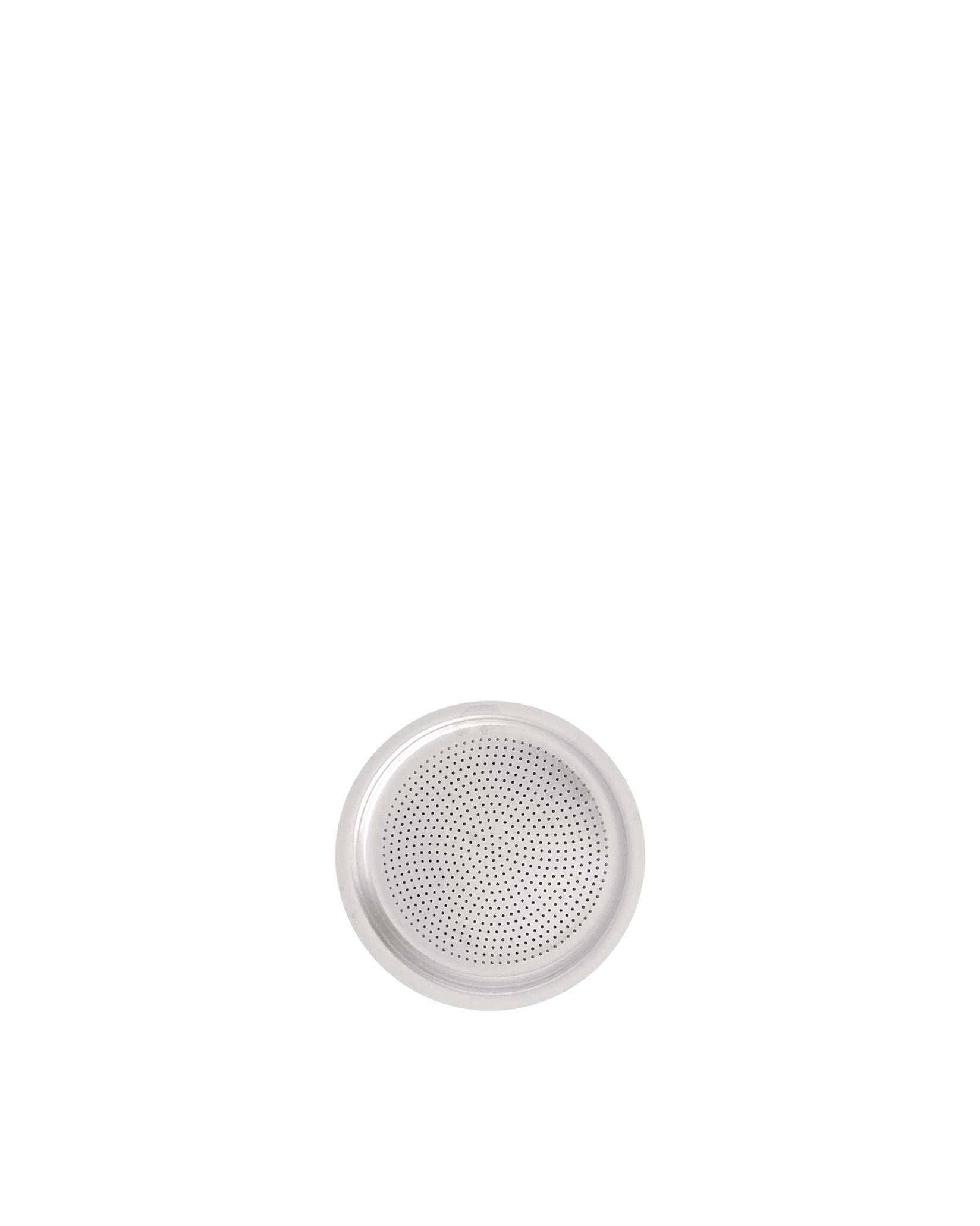 Circular silver-toned metal filter by Alessi with numerous small perforations, top-down view.