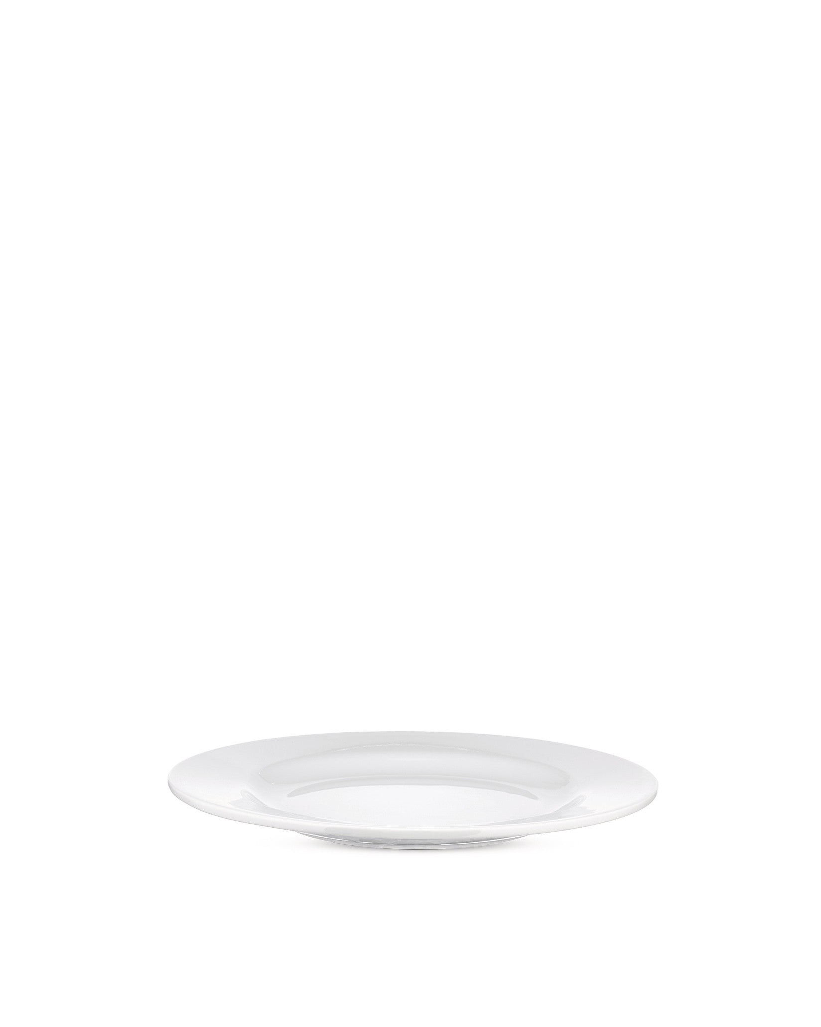 White ceramic plate by Alessi, round with a subtle rim, shown from an angled side view.