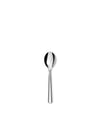 Polished silver spoon by Alessi, reflecting light, centered on a bright white background.