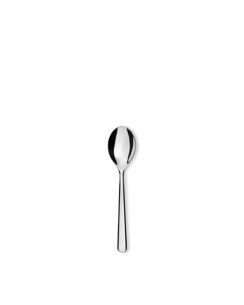 Polished silver spoon by Alessi, reflecting light, centered on a bright white background.