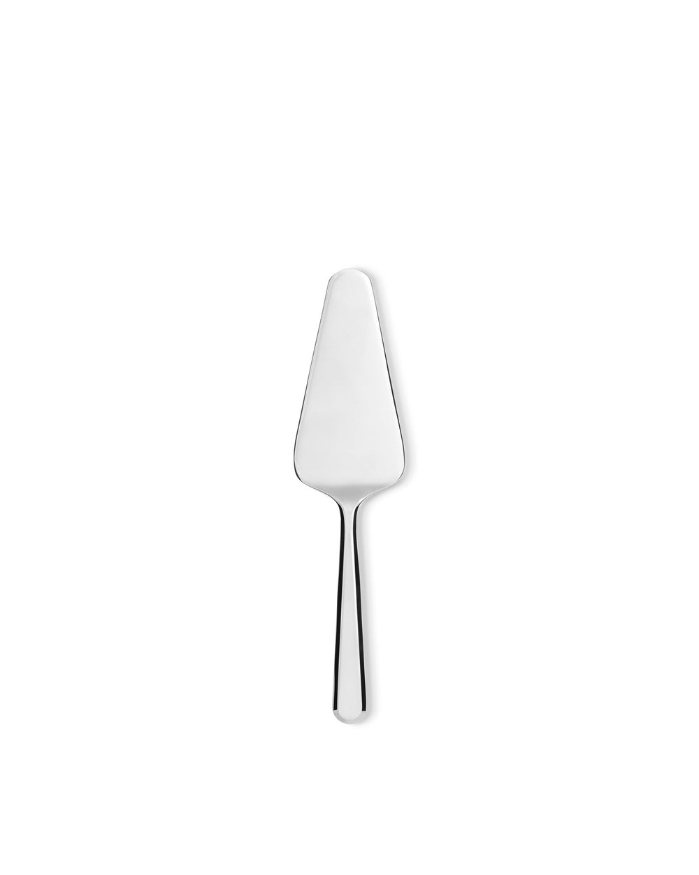 Silver-colored cake server by Alessi with a sleek, minimalist design, centered on a white background.