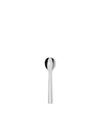 Polished silver metal spoon by Alessi with a minimalist and sleek design on a white background.