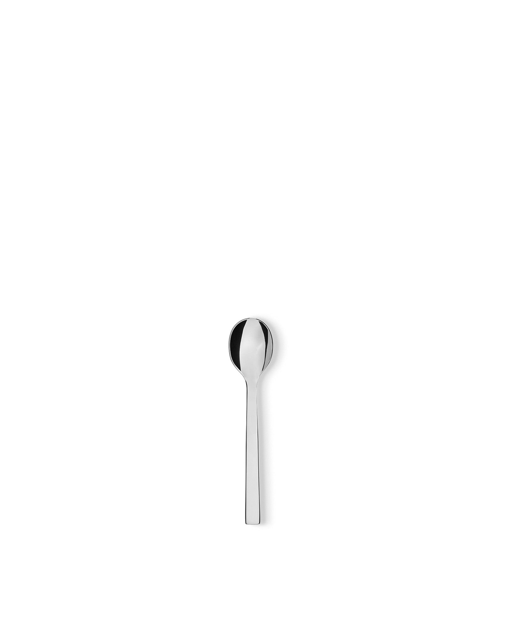 Sleek silver metal spoon by Alessi, standing upright on a white background.