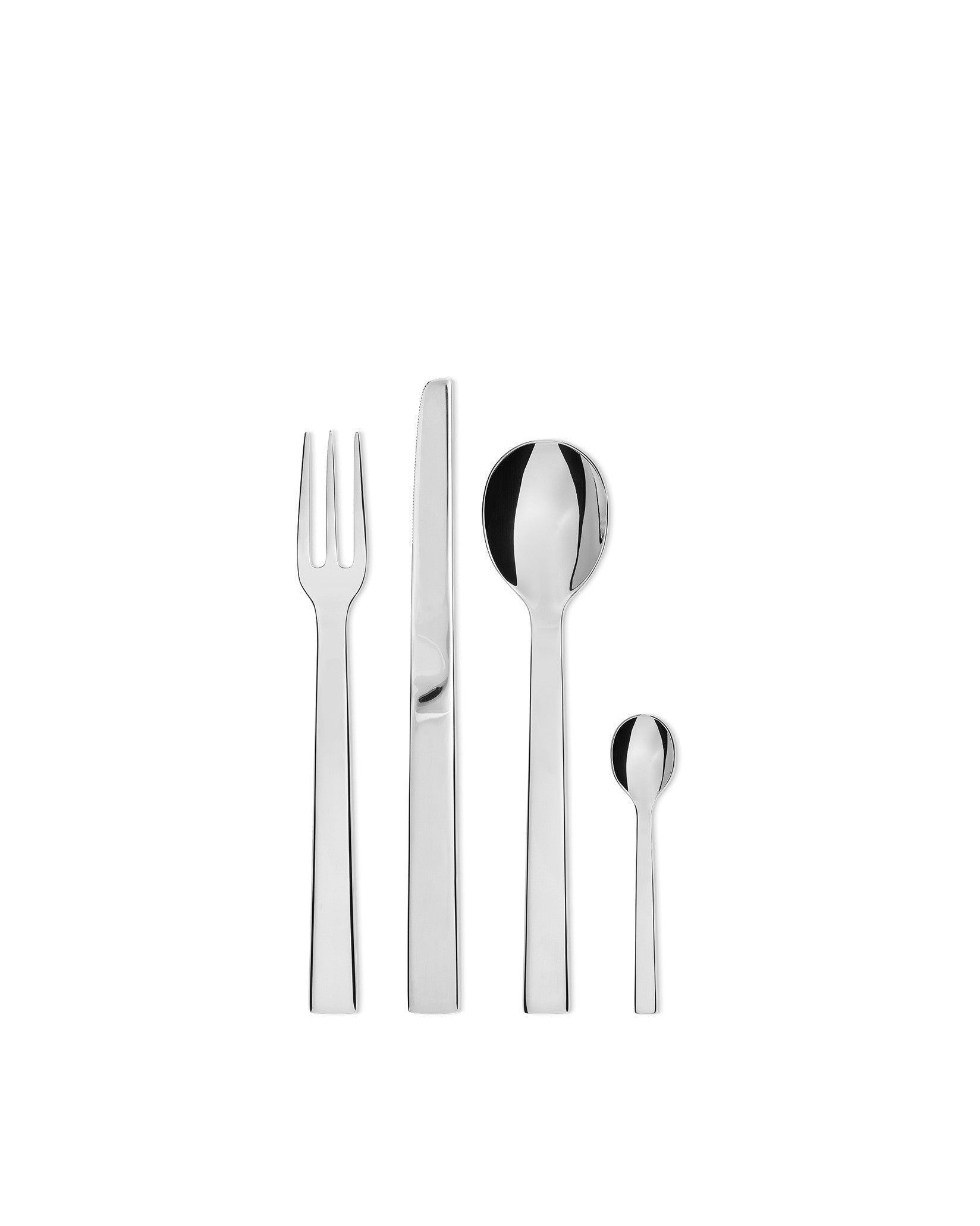 Sleek silver stainless steel cutlery set by Alessi, standing upright with a fork, knife, and two spoons.