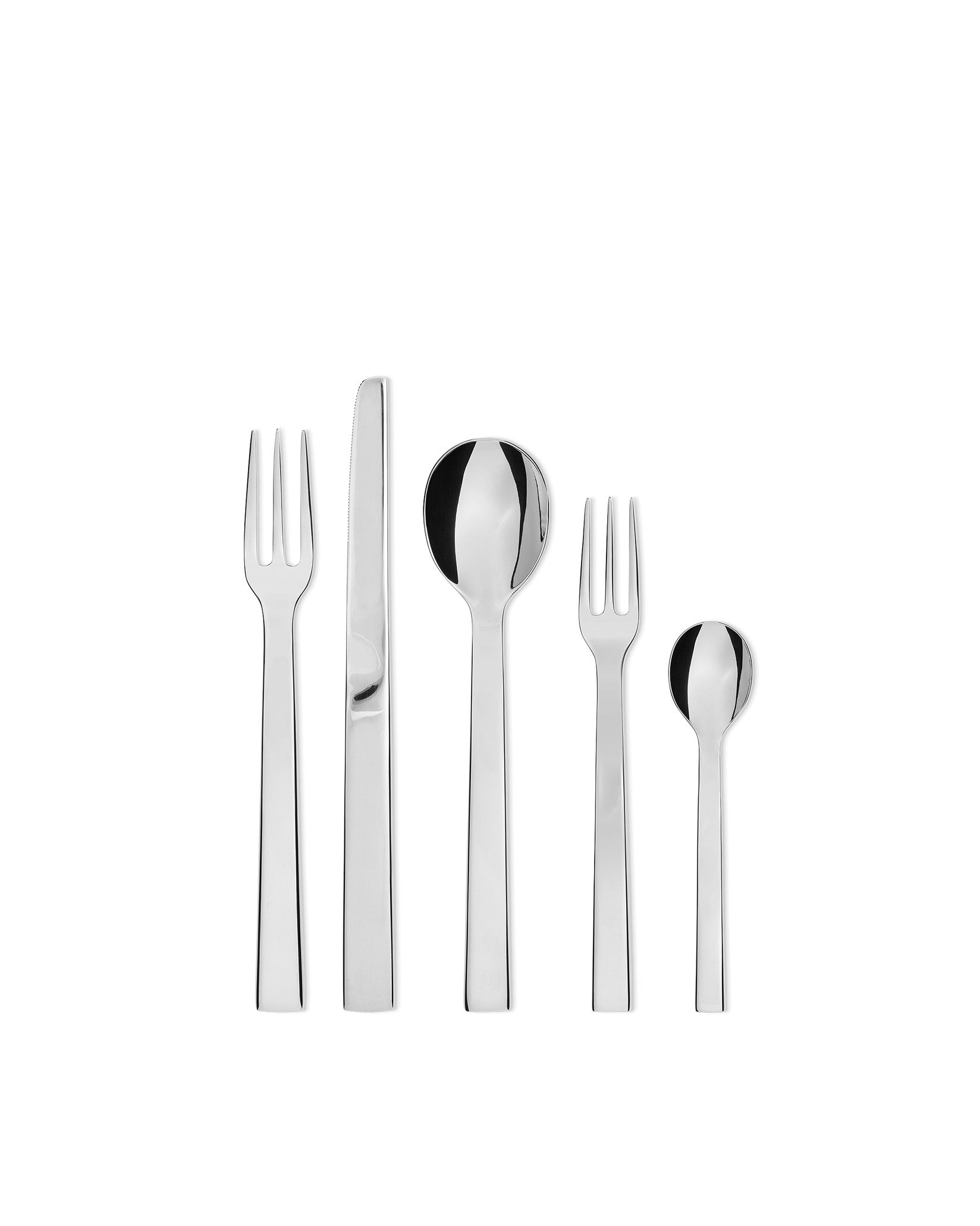 Five pieces of sleek silver cutlery by Alessi, including a dinner fork, knife, spoon, salad fork, and teaspoon, standing upright.