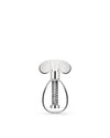 Silver metallic corkscrew by Alessi with a butterfly-shaped handle and exposed spiral worm on a white background.