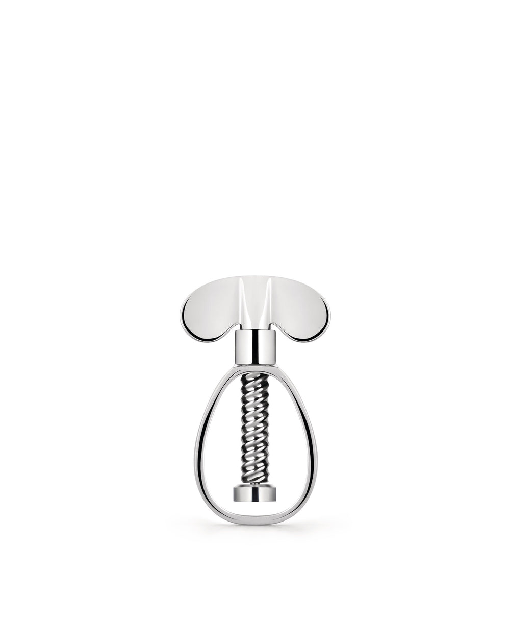 Silver metallic corkscrew by Alessi with a butterfly-shaped handle and exposed spiral worm on a white background.