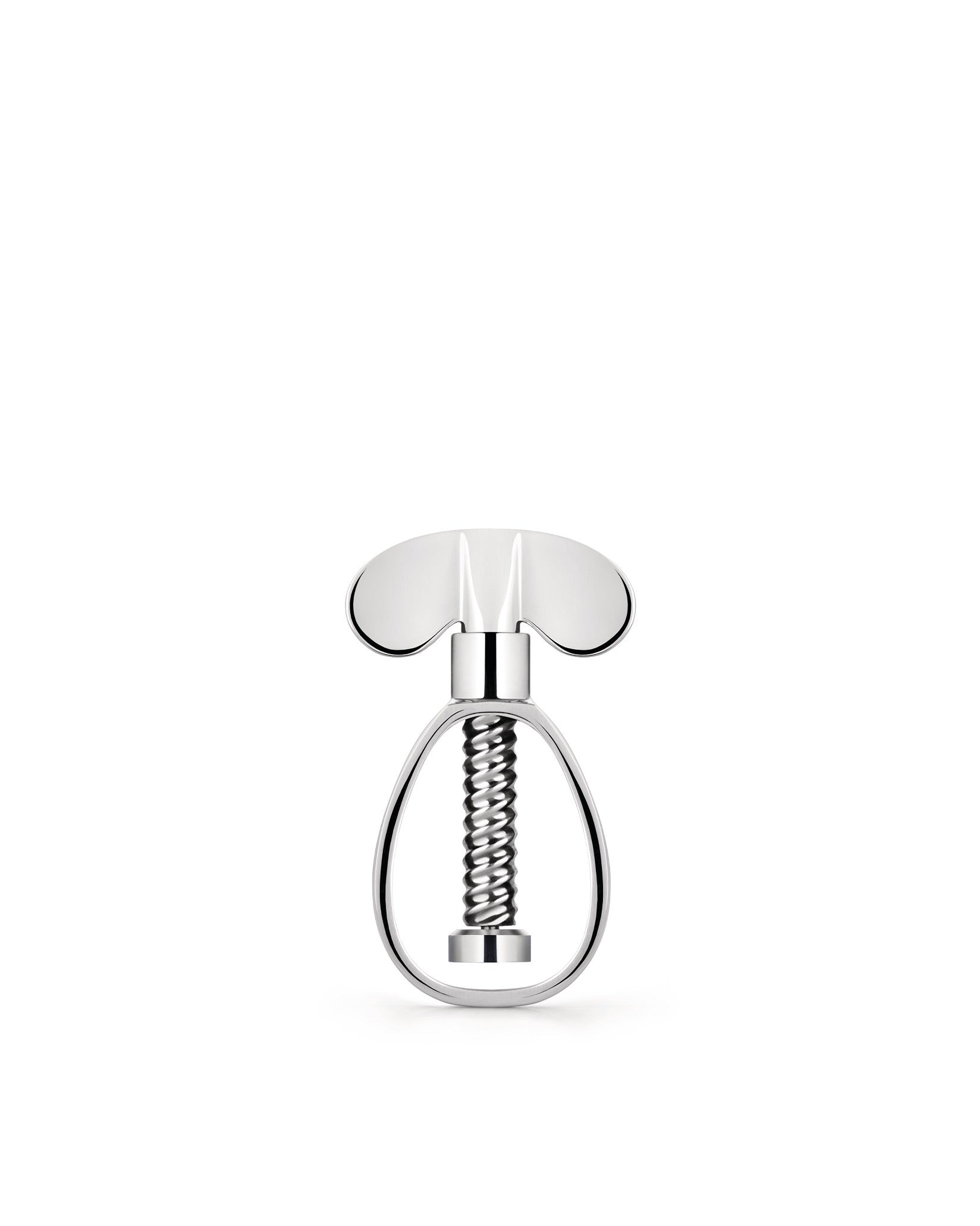Silver metallic corkscrew by Alessi with a butterfly-shaped handle and exposed spiral worm on a white background.