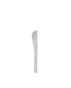 Silver metallic butter knife by Alessi, with a fine serrated edge and sleek, modern design, standing upright.
