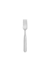 Polished stainless steel four-tine fork by Alessi, Collo-alto design, with a tapered handle, shown straight on a white background.