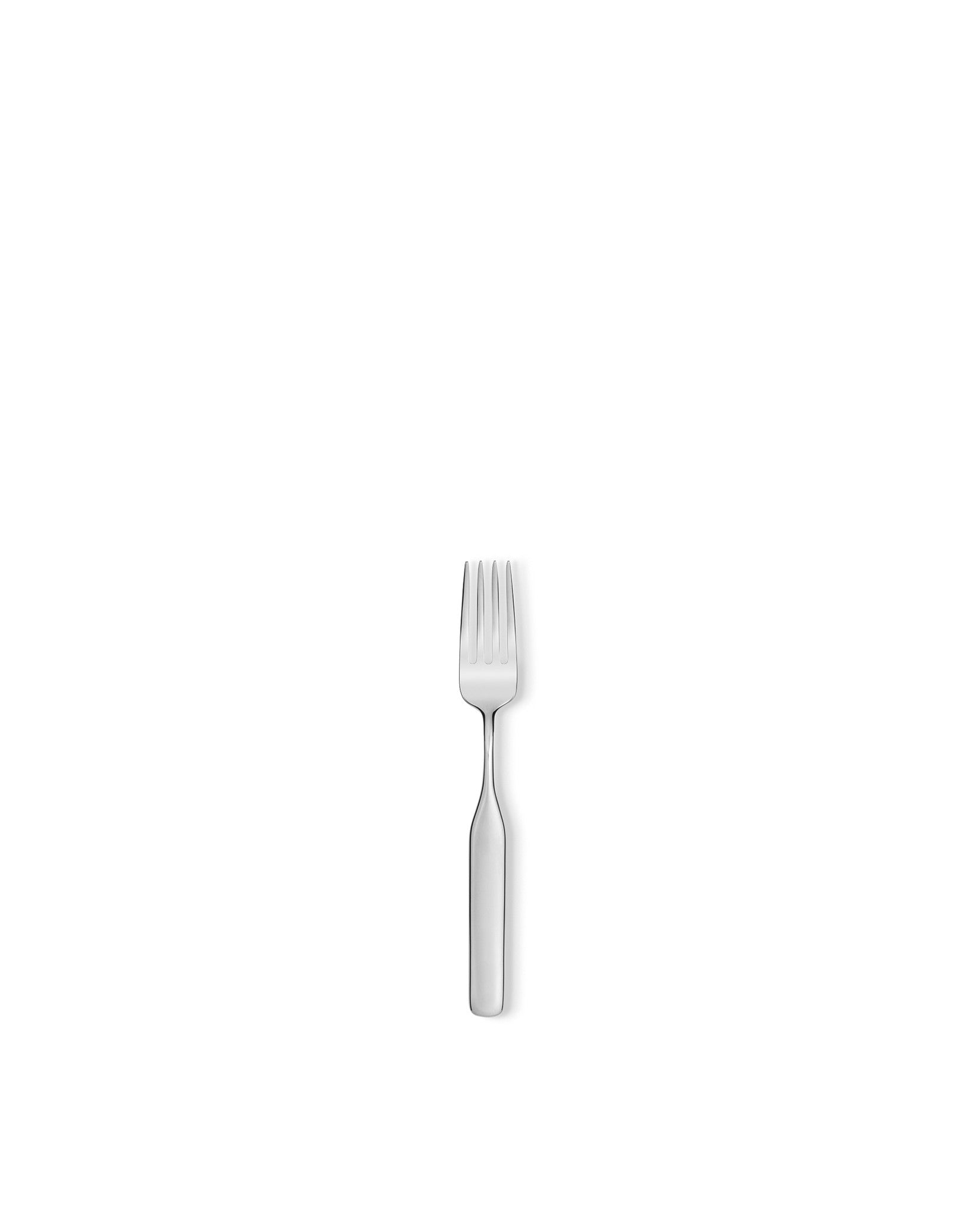 Silver-colored dinner fork by Alessi with a polished finish and four tines, shown vertically.