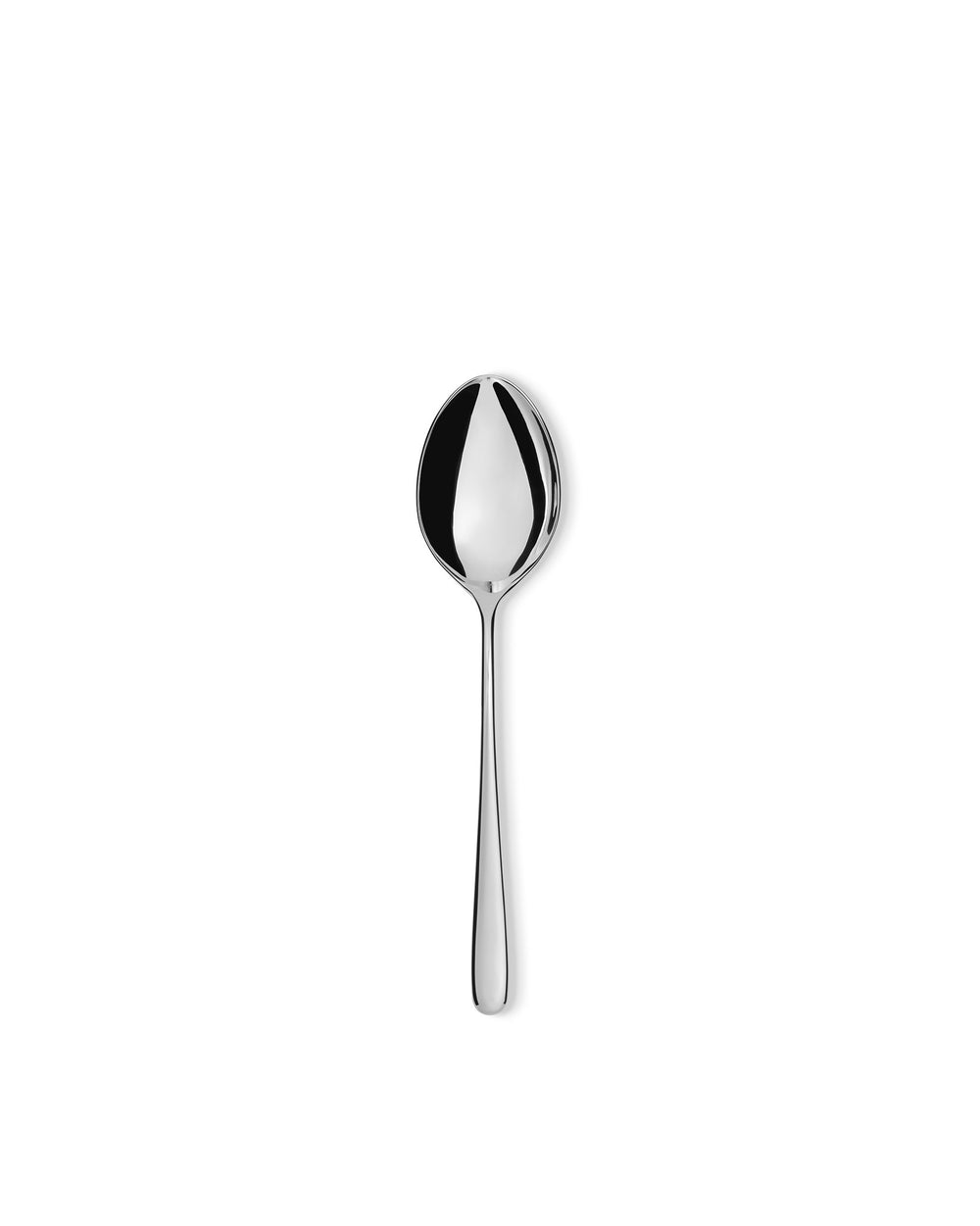 Polished silver spoon by Alessi with a deep, reflective bowl and slender handle on a white background.