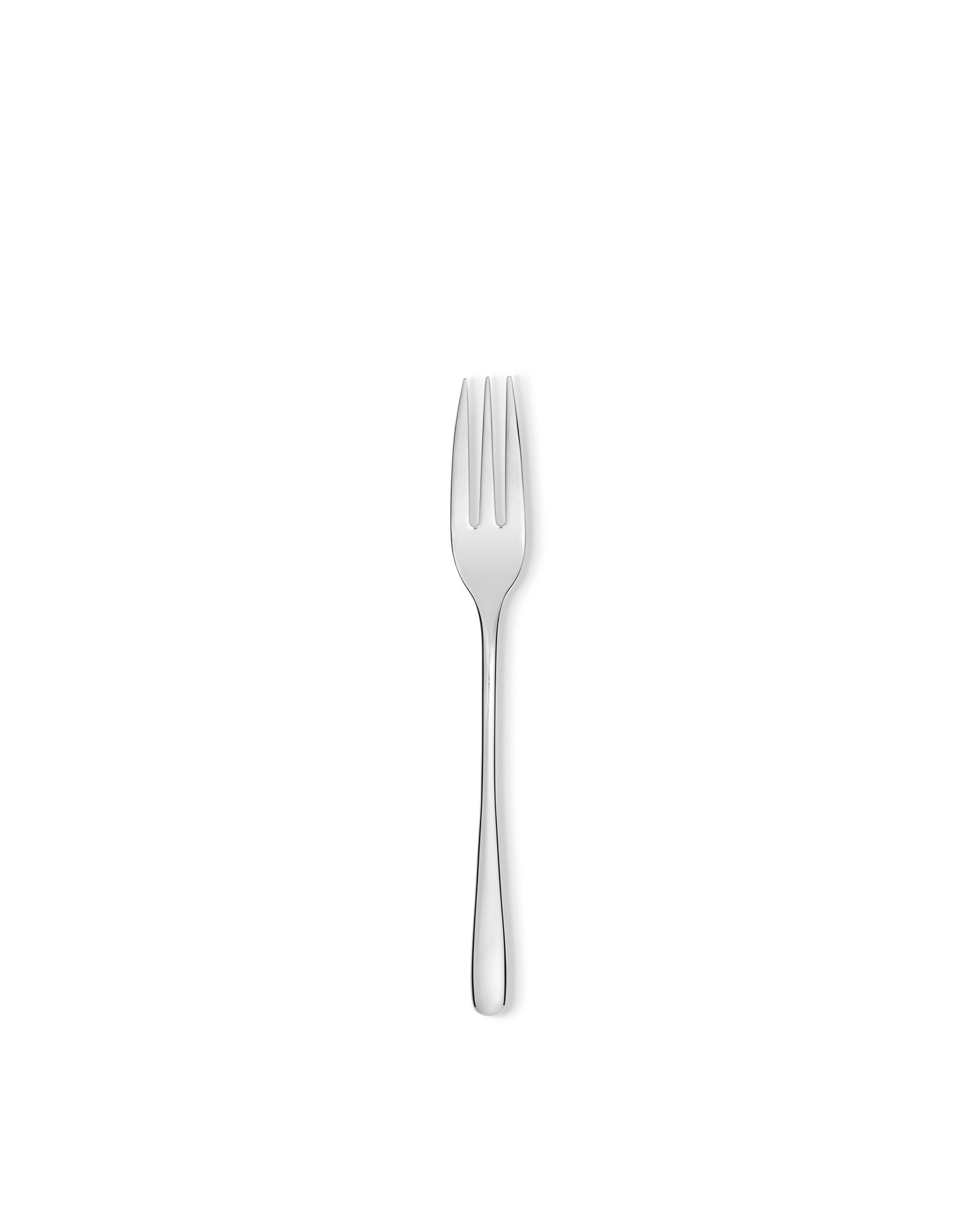 Silver metal fork by Alessi, with three polished tines and a sleek handle, centered on a white background.