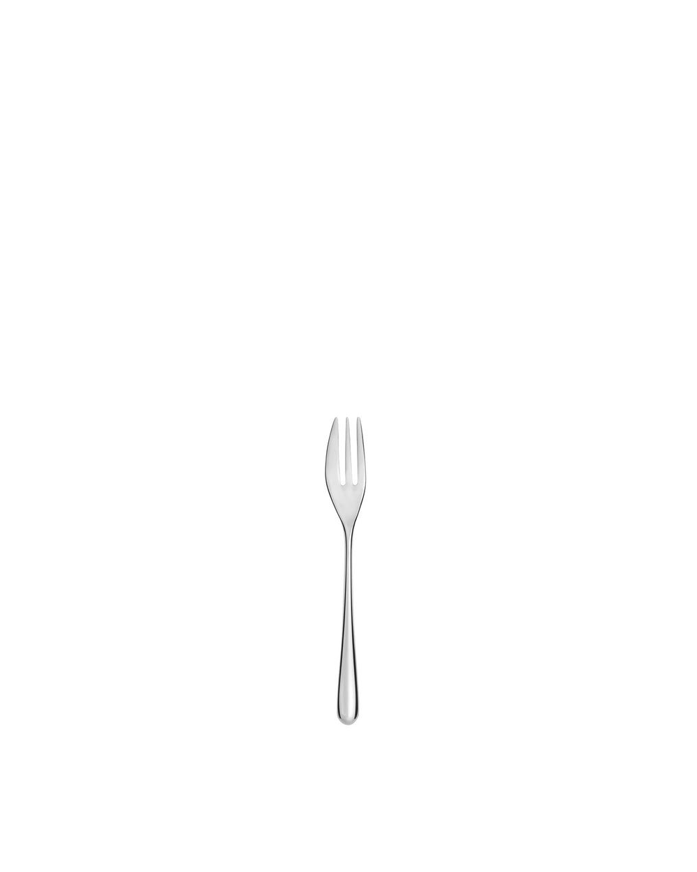 Polished silver dessert fork by Alessi, featuring three sleek tines and a smooth handle.