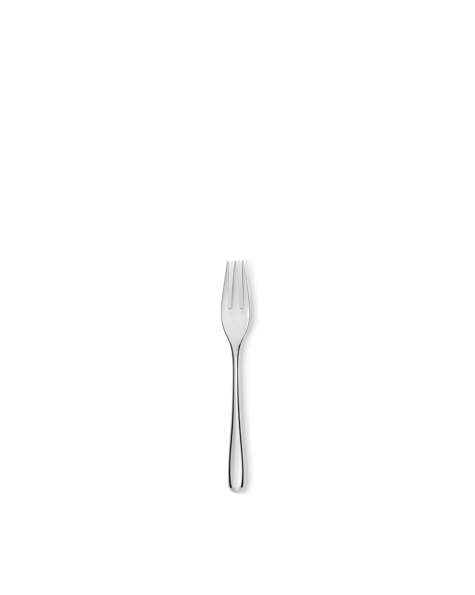 Silver polished dessert fork by Alessi with a sleek, minimalist design and three tines.