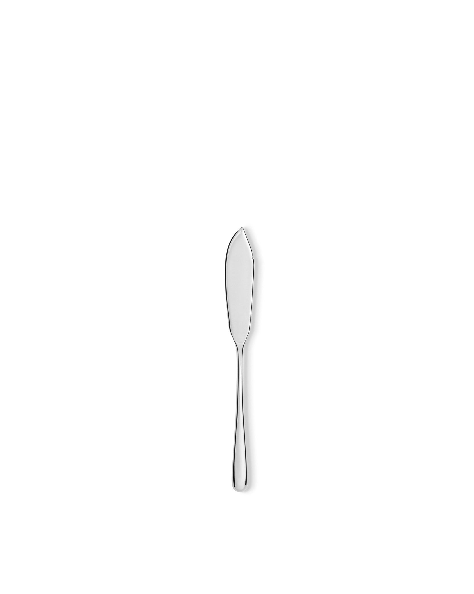 A silver butter knife by Alessi, featuring a sleek, minimalist design, presented vertically on a white background.