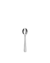 Sleek, silver-toned metal spoon by Alessi, standing vertically with a reflective surface.