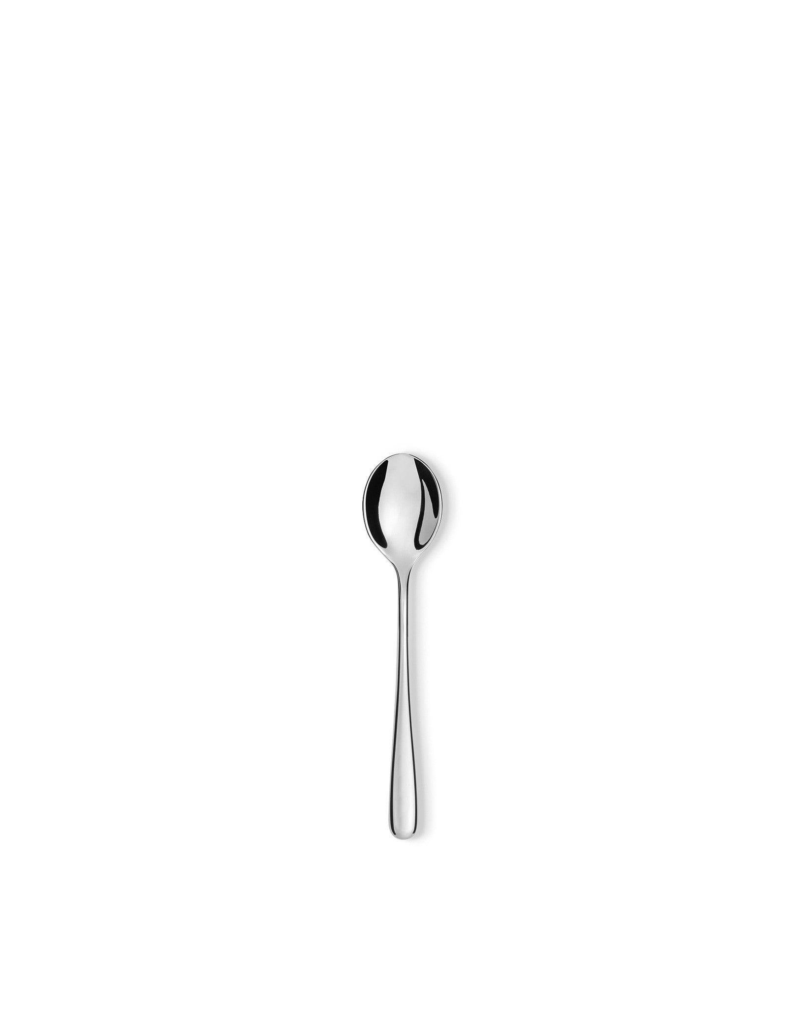 Sleek, silver-toned metal spoon by Alessi, standing vertically with a reflective surface.