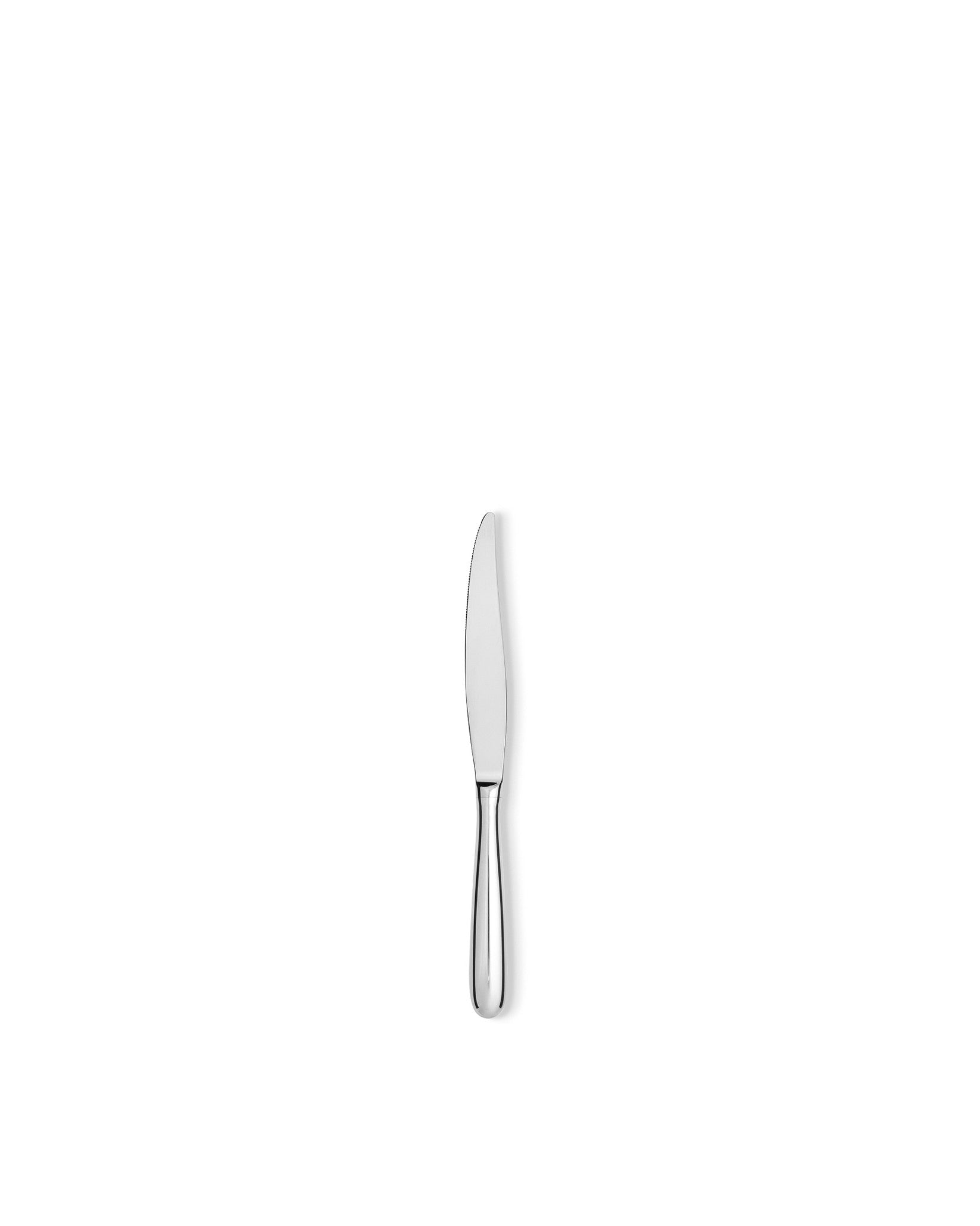 Silver-toned metal knife by Alessi with a serrated blade and polished finish.