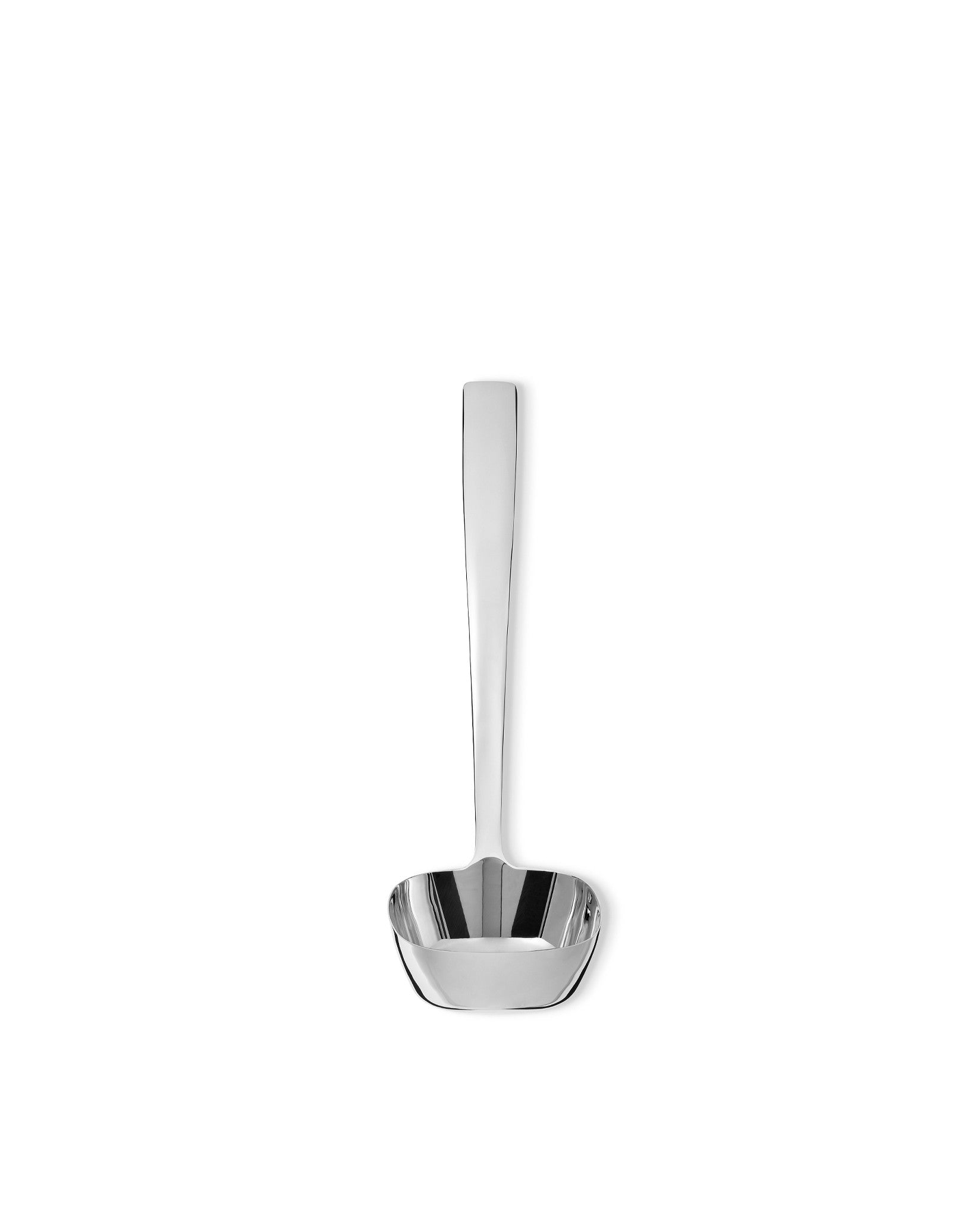 Silver polished metal ladle by Alessi with a modern design and a square bowl.