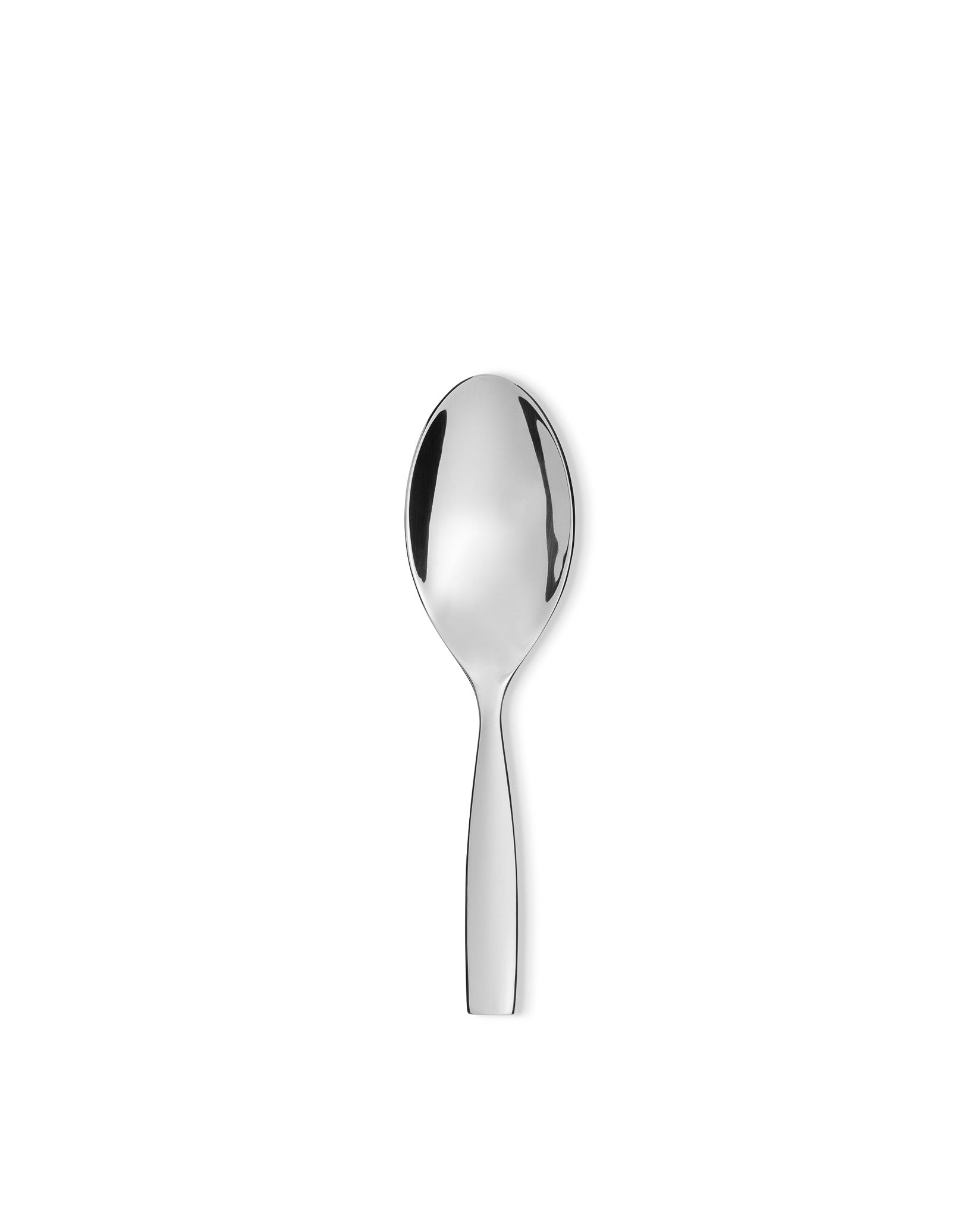 Silver polished metal spoon by Alessi, with a sleek design and reflective surface on a white background.