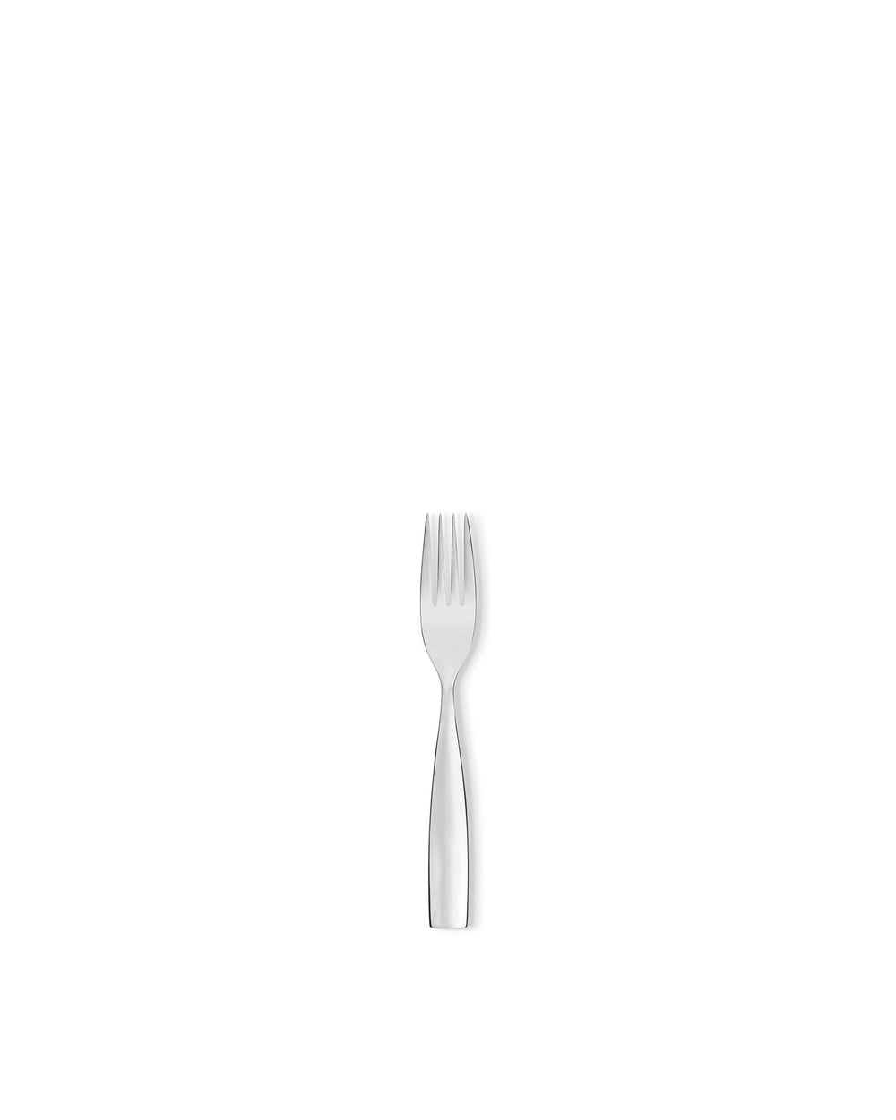 A polished stainless steel fork by Alessi, with four tines, standing upright.