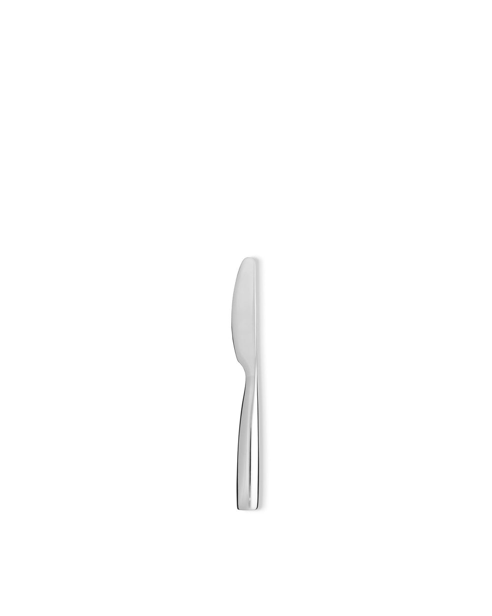 Silver knife by Alessi with a smooth, polished finish, shown vertically from the side.