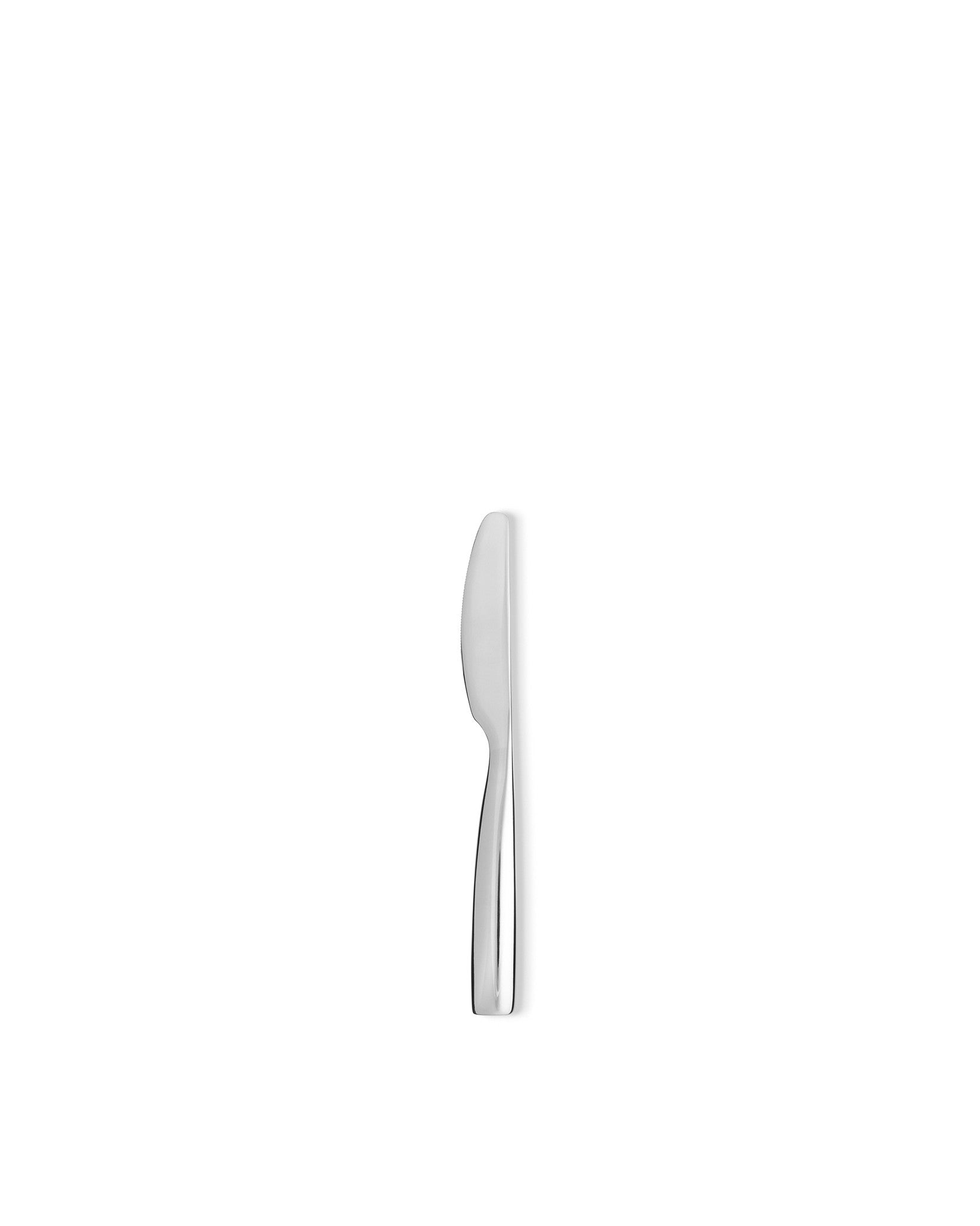 Silver knife by Alessi with a smooth, polished finish, shown vertically from the side.