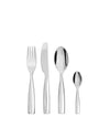 Cutlery set, silver-colored, polished stainless steel by Alessi, featuring a fork, knife, and two spoons, standing upright.