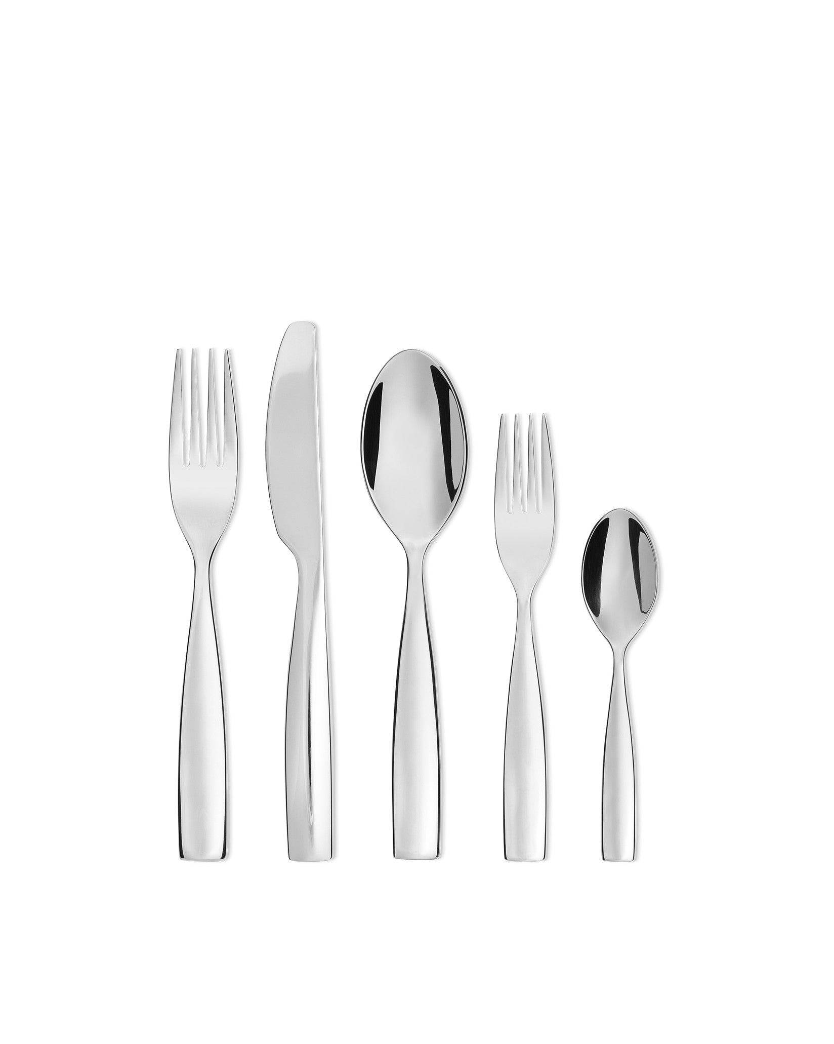 A 5-piece set of silver cutlery by Alessi, featuring dinner and salad forks, knife, and two spoons, standing upright on a white background.