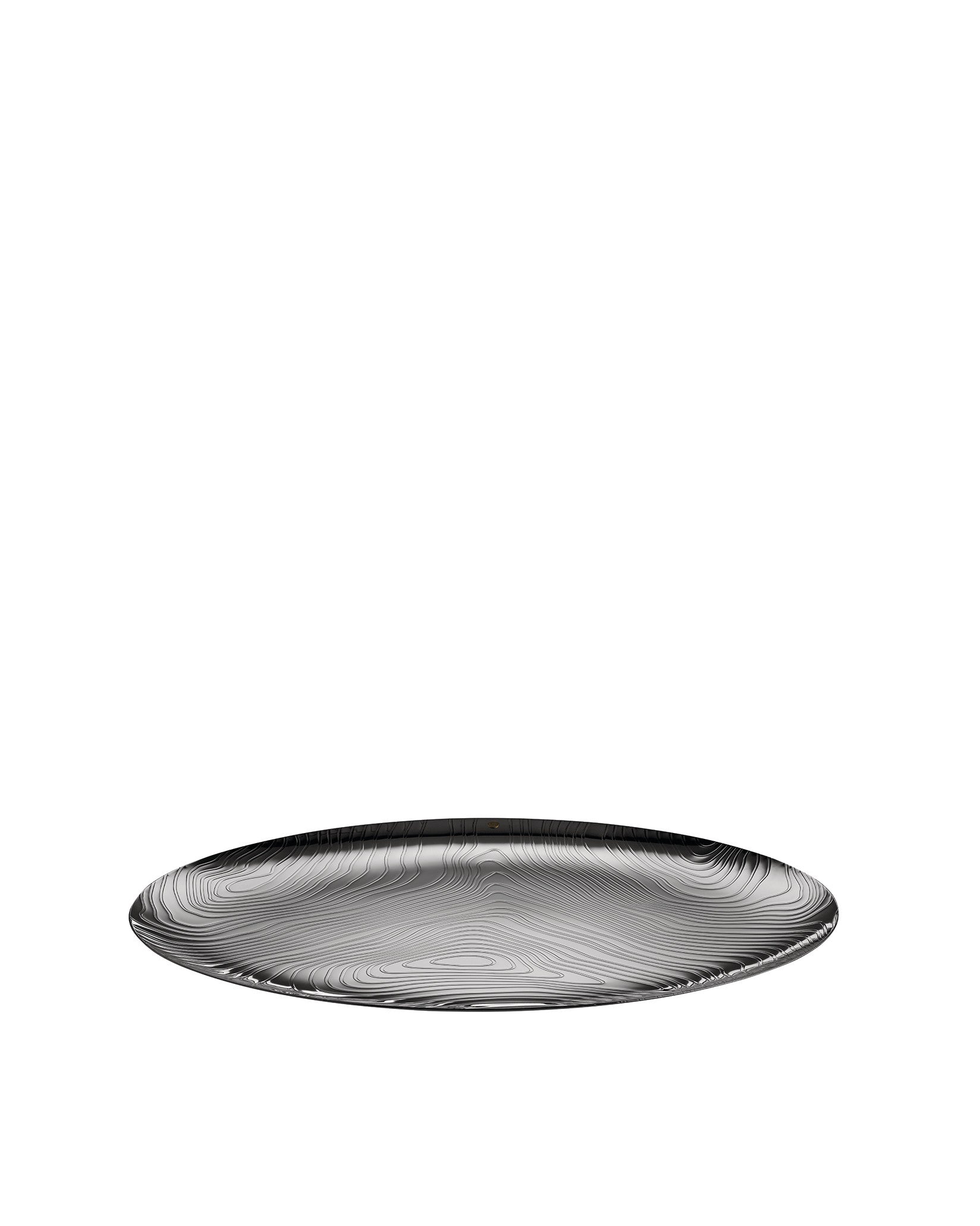 Oval silver metallic serving platter by Alessi with a flowing wood grain pattern.