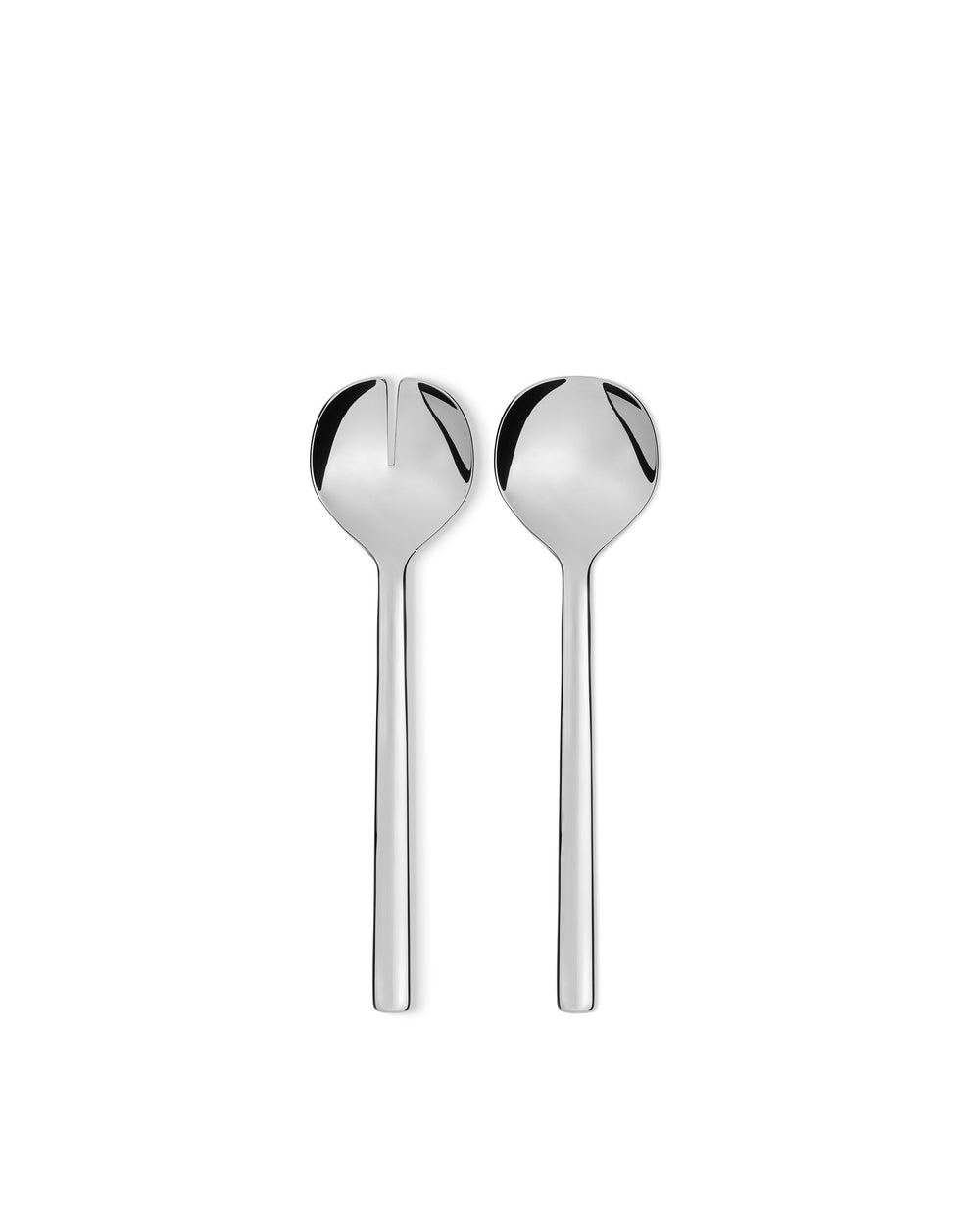 Polished silver-tone metallic salad servers by Alessi, with one slotted and one solid serving spoon.