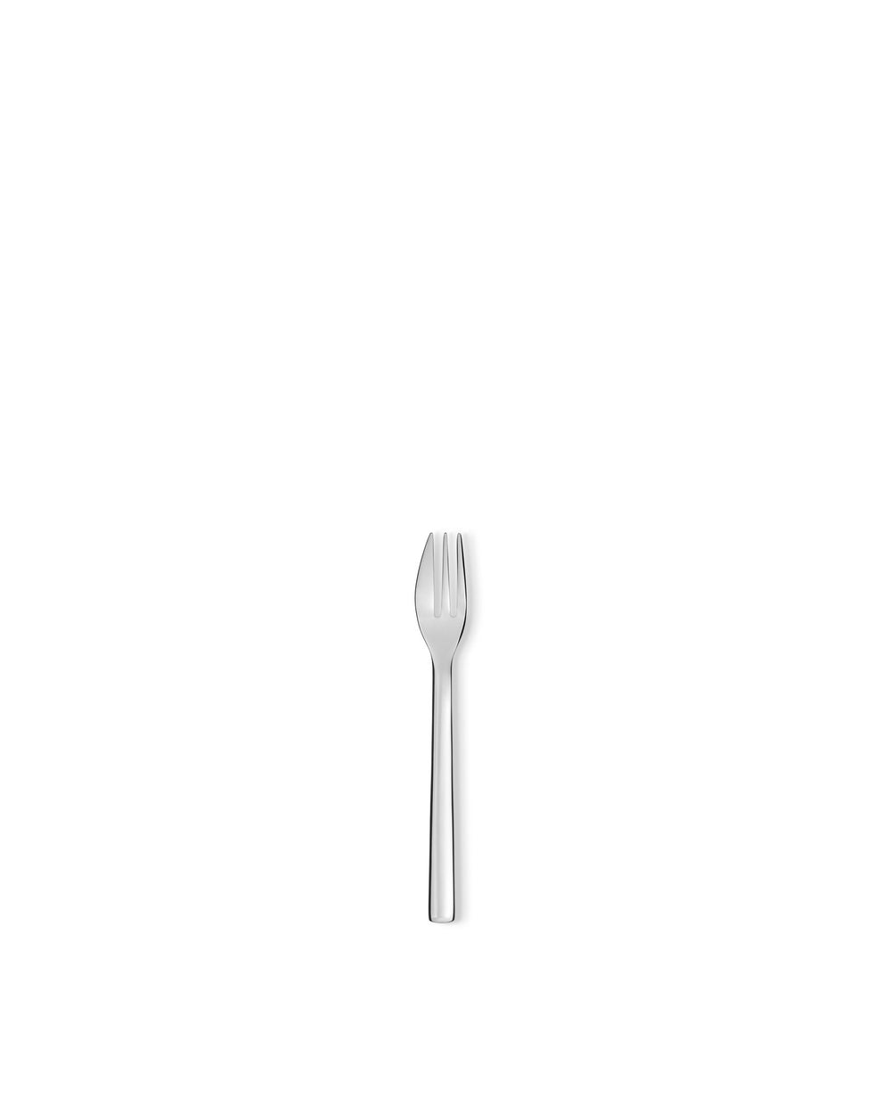 Silver metallic three-tined fork by Alessi, with a sleek, minimalist design, standing upright.
