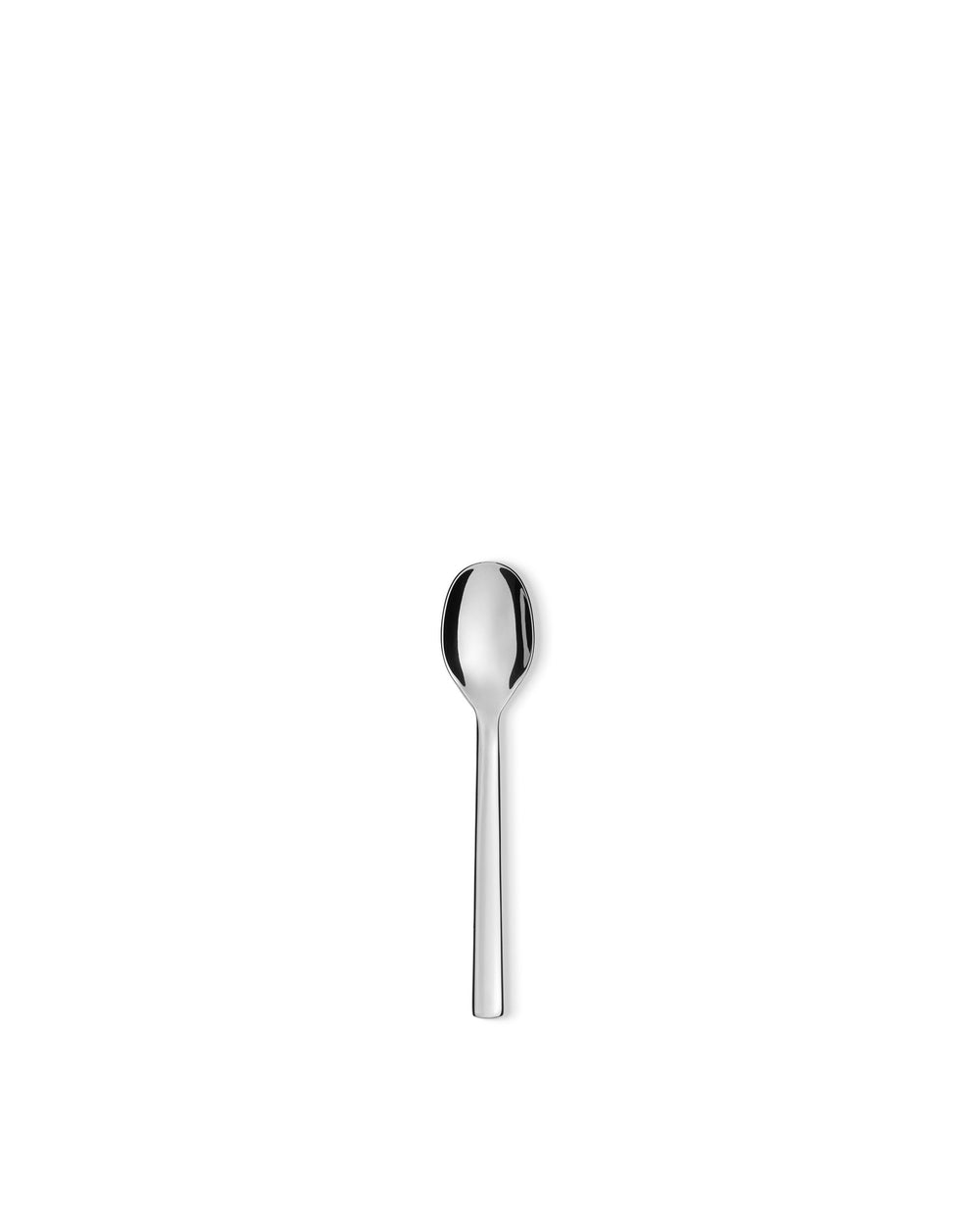 Shiny silver spoon by Alessi with a simple oval bowl and slender, reflective handle, centered vertically.