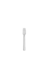 Silver-toned metal four-tine fork by Alessi with a sleek, minimalist design, shown vertically.