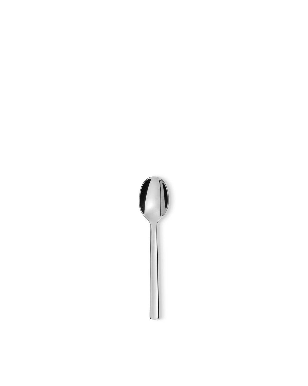 Shiny silver spoon by Alessi with an oval bowl and slender handle.