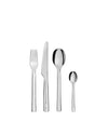 Silver-toned metal cutlery set by Alessi, including a fork, knife, large spoon, and small spoon on white.