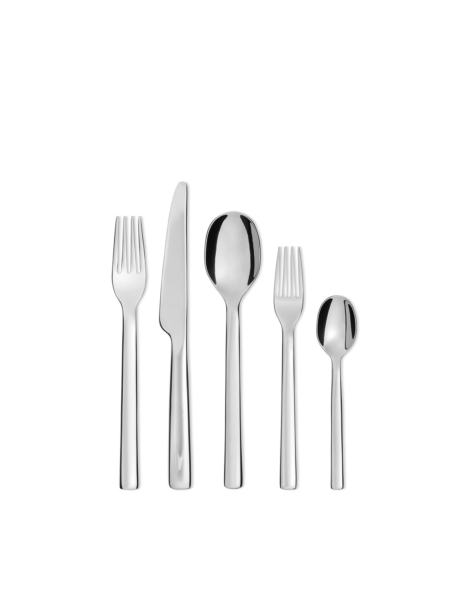 Sleek silver Ovale five-piece cutlery set by Alessi, including a knife, two forks, and two spoons, standing upright.