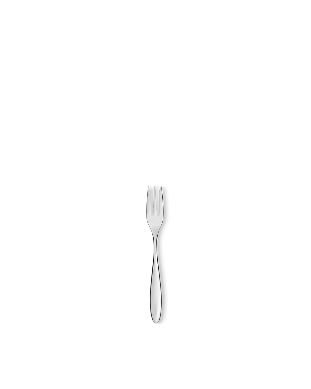 Silver stainless steel dessert fork by Alessi, standing upright on a white background.