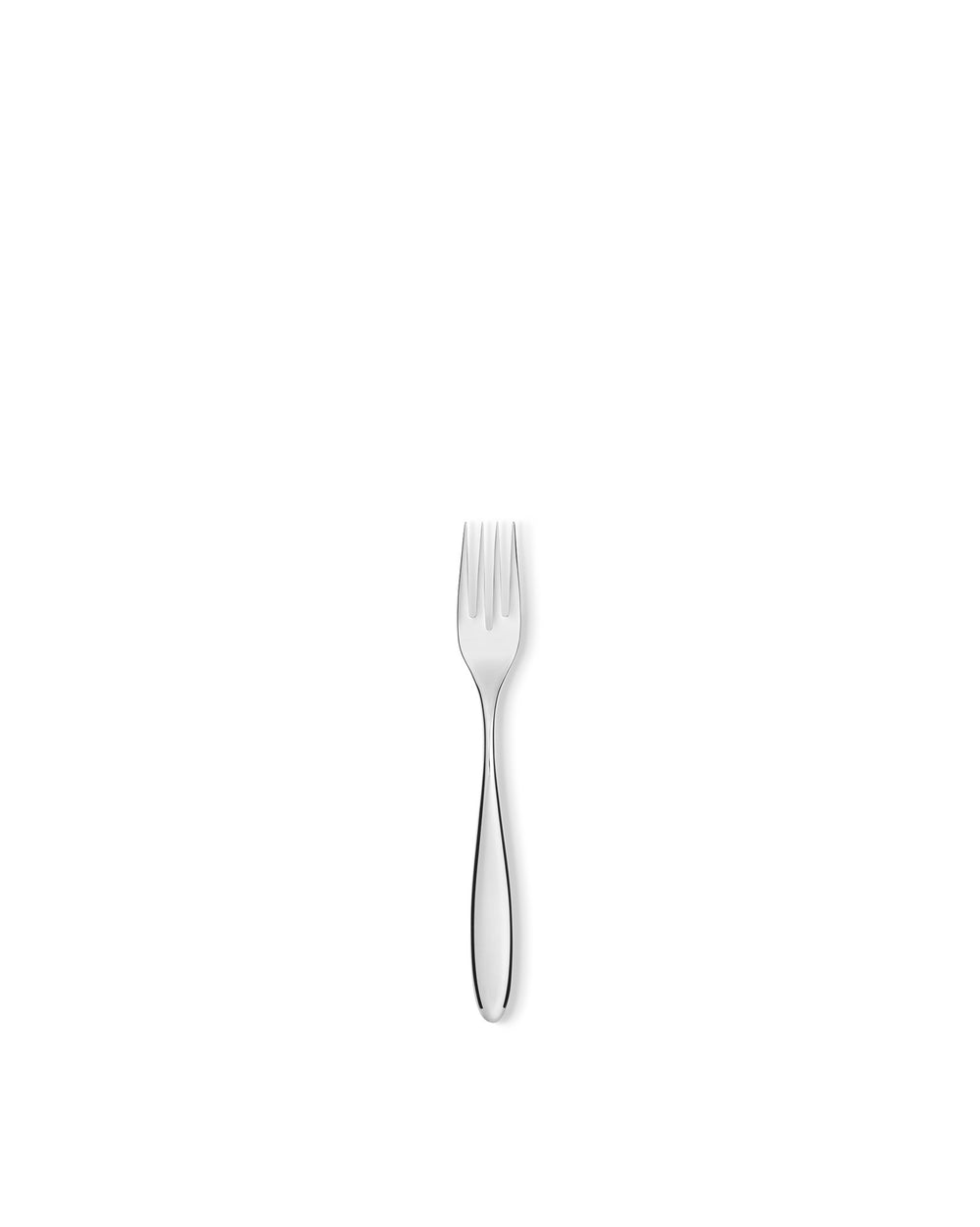 Silver dessert fork by Alessi, featuring a polished finish and four slender tines.