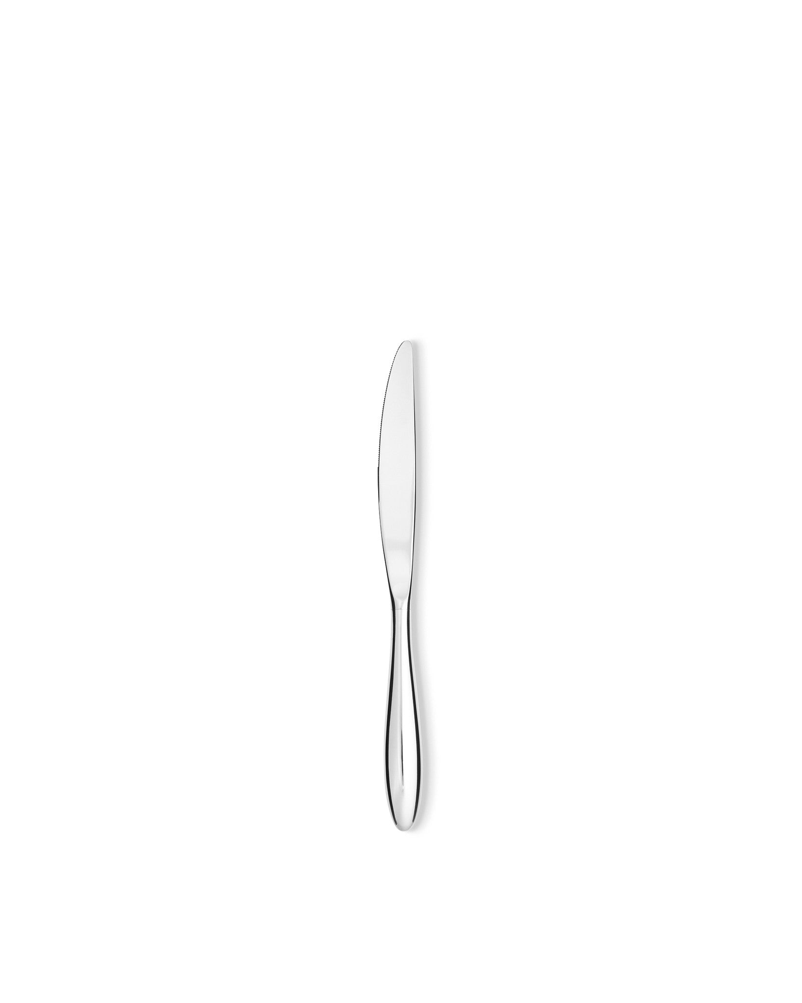 Polished stainless steel knife by Alessi with a serrated blade and elegantly curved handle, displayed vertically.