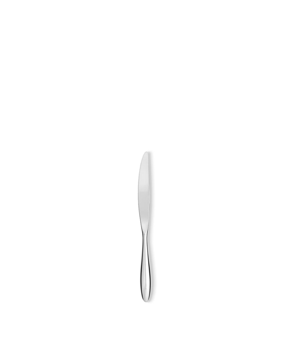 Stainless steel butter knife by Alessi, with a polished, reflective finish and a rounded handle on a white background.