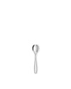 Polished silver metal spoon by Alessi, sleek and minimalist, centered on a white background.