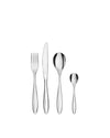 A sleek silver four-piece cutlery set by Alessi, including a fork, knife, and two spoons.