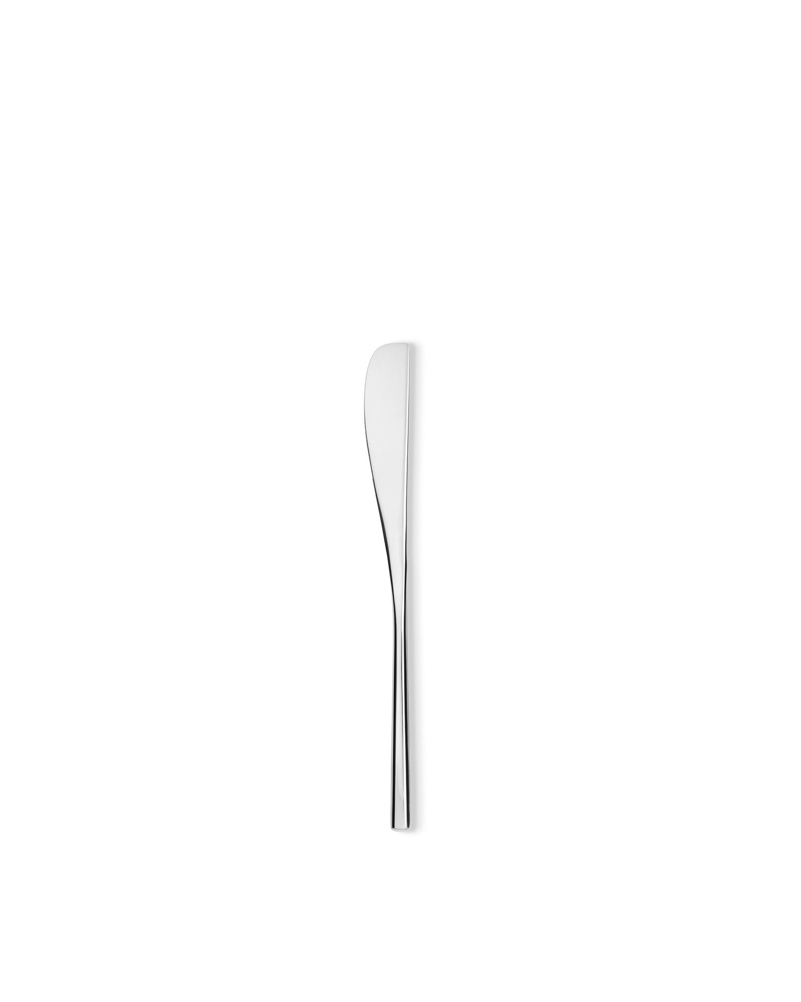 Polished metal butter knife by Alessi, sleek with a slightly curved blade, shown vertically.