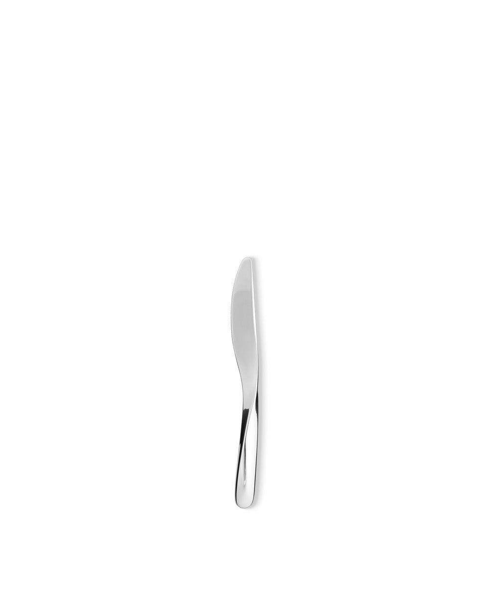 Shiny stainless steel table knife by Alessi, with a sleek, curved handle and fine serrated edge, displayed vertically.