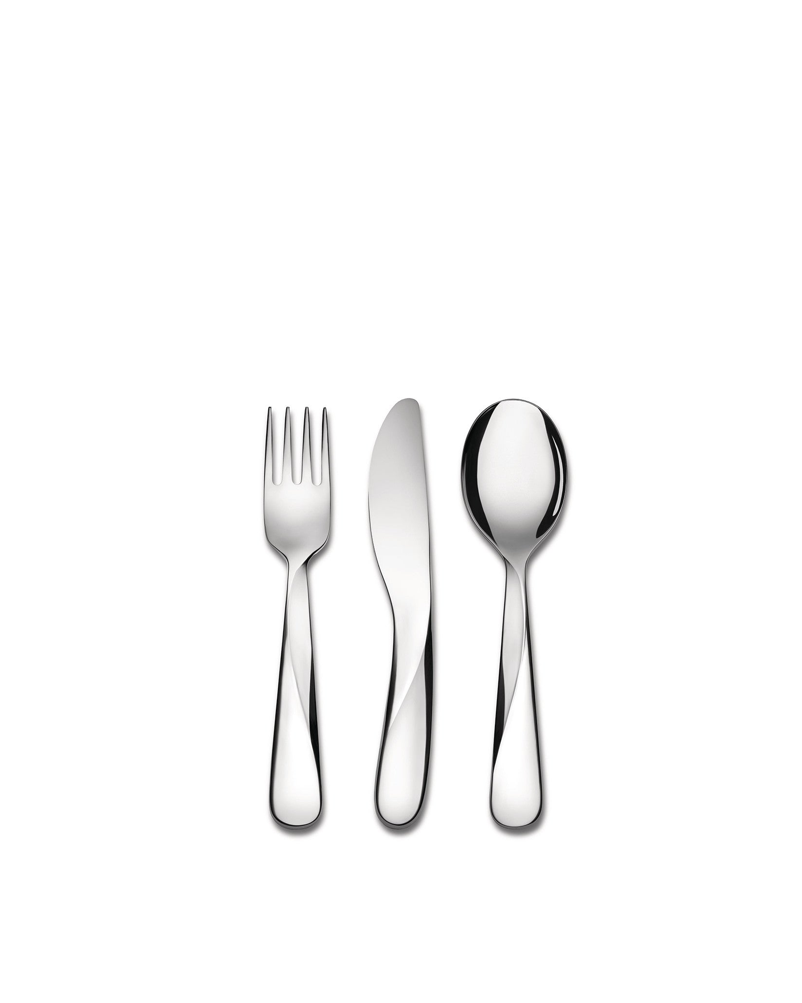 Polished silver cutlery set by Alessi, featuring a modern fork, knife, and spoon.